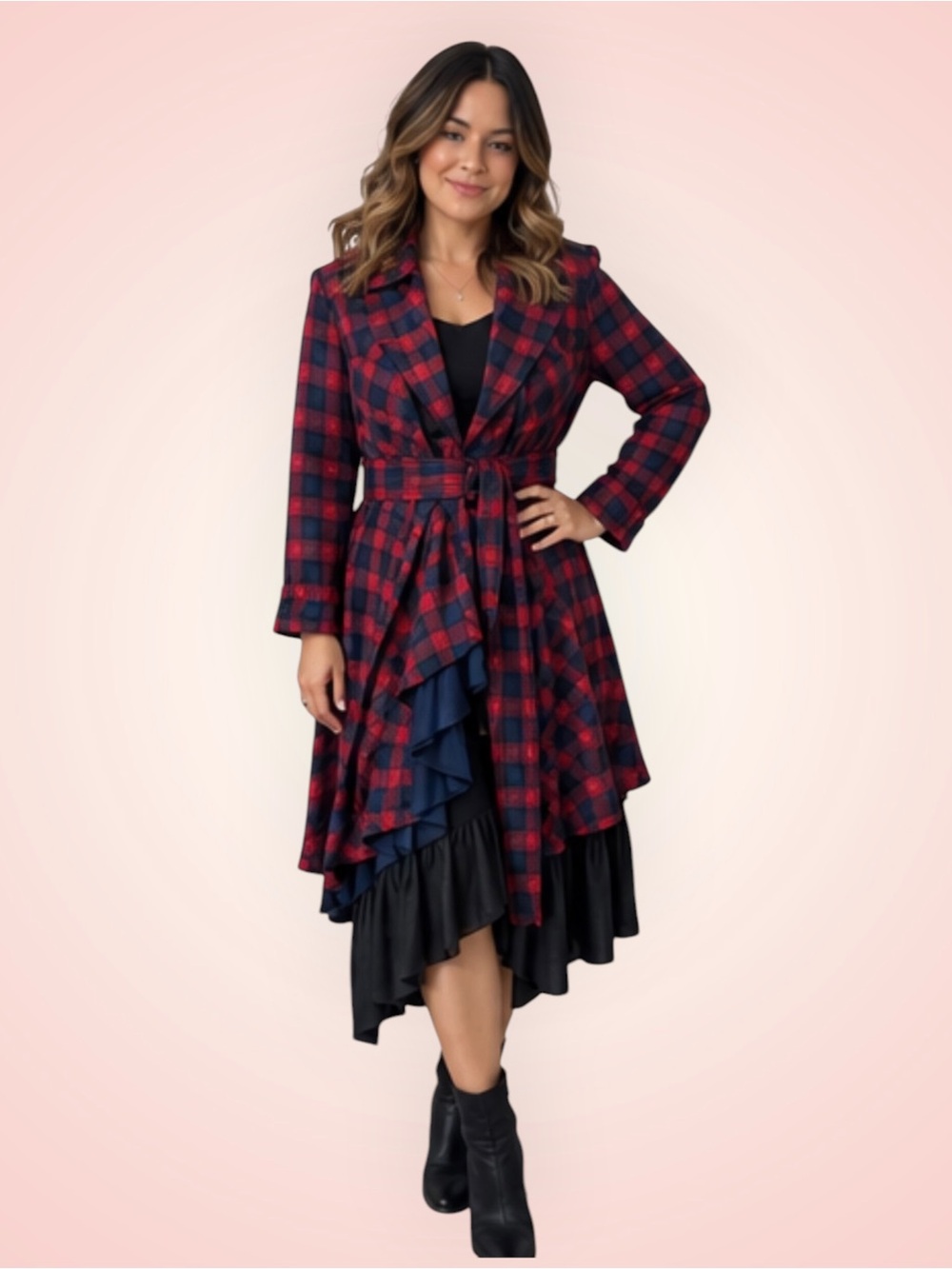 Unique plaid dress/trenchcoat in sz XL withe wide waist belt (C5) - Picture 1 of 10